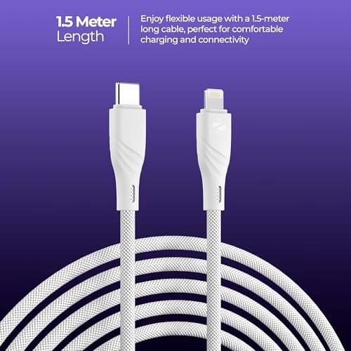 Image of Zebronics Type-C to Lightning Fast Charging Cable, 27W PD Rapid Charging, Charge & Sync Support, Braided Tangle-Free Design, 1.5 Meter Length, Compatible with Type-C PD Adapters (TL300, White)