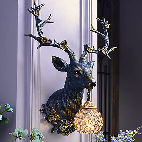 Antler Wall Lights For Bedroom Gold Wall Lights For Hallway Stairs American Retro Deer Head Antlers Blue Resin Lamp Body Crystal Lamp Shade Decorative Wall Lamp For Living Room Aisle Corridor (Black) #TOP2