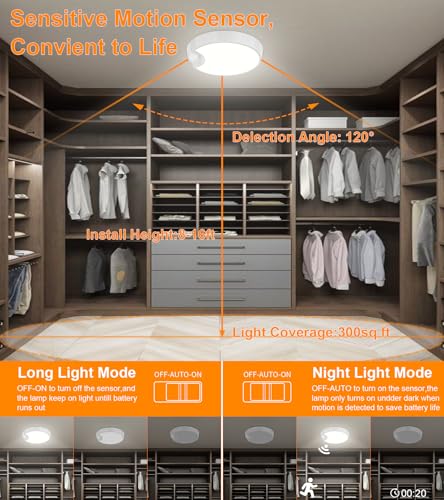 Deeplite T041 Battery Ceiling Light Motion Sensor Rechargeable Wireless Shower Light With Remote,5500K 8000Mah,Timing,7.8In Motion Activated Overhead Lighting thumb #4