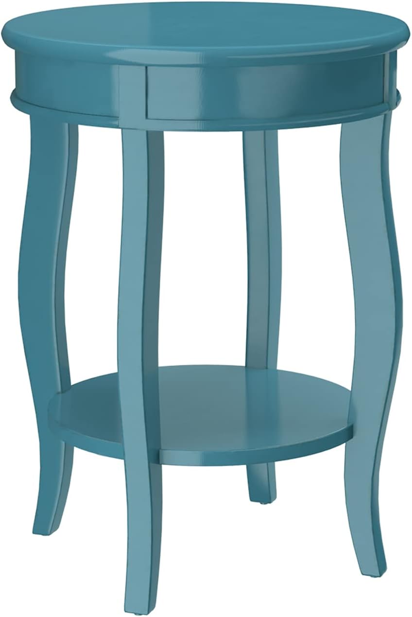 Aberta Wooden Round End Table with Bottom Shelf in Teal