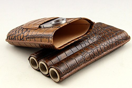 Brown Crocodile Embossed Leather 3 Ct Cigar Case w/Stainless Steel Cutter for Large Cigar