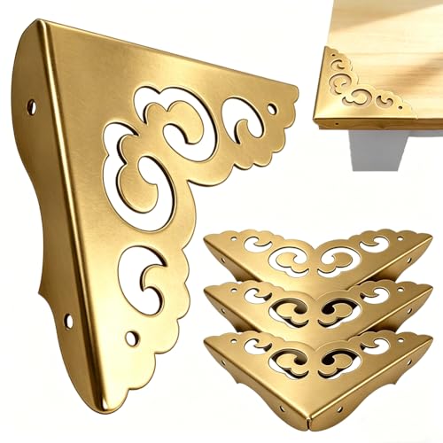 Image of 4pcs Metal Corner Protectors Solid Brass with Victorian-Inspired scrollwork Pattern Brackets Vintage Furniture Corner Protector Edge Guard for Table Desk Cabinet with Screws (Bronze)