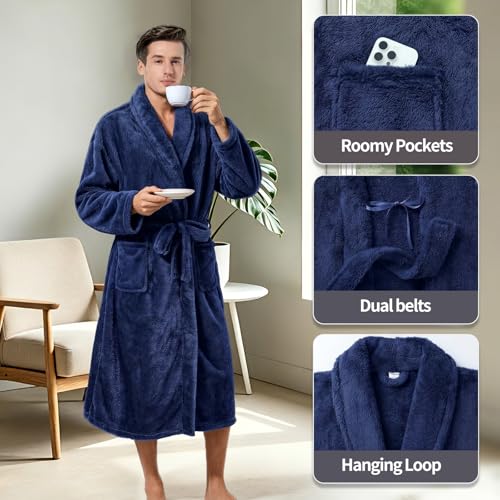 Image of Inner Wish Mens Plush Fleece Robe, Highly Absorbent Cozy Warm Bathrobe Fuzzy Male Spa Long Robe With Pockets