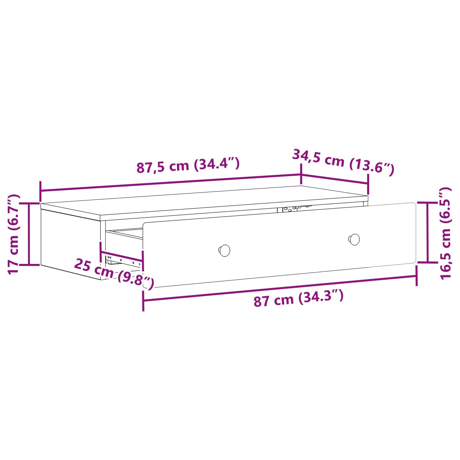 Tavolino a Parete Rovere Sonoma 87,5 x 34,5 x 17 cm con Cassetto