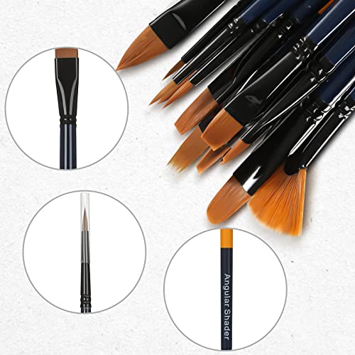 Hiboo Art Paint Brush Set-15 Different Sizes Of Professionals Paint Brushes Long Wooded Handles With Oil-Sealing Technique For Watercolor Acrylic Oil，Face And Nails Painting (Yellow & Blue) #TOP2