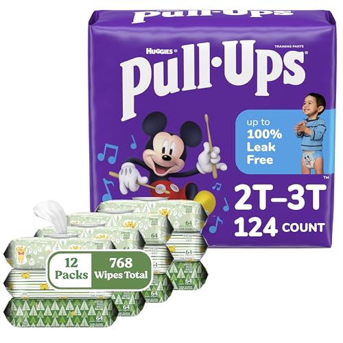 Pull-Ups Boys Training Pants & Wipes Bundle: Pull-Ups Training Pants for Boys Size 2T-3T, 124ct & Huggies Natural Care Sensitive Wipes, Unscented, 12 Packs (768 Wipes Total) (Packaging May Vary)