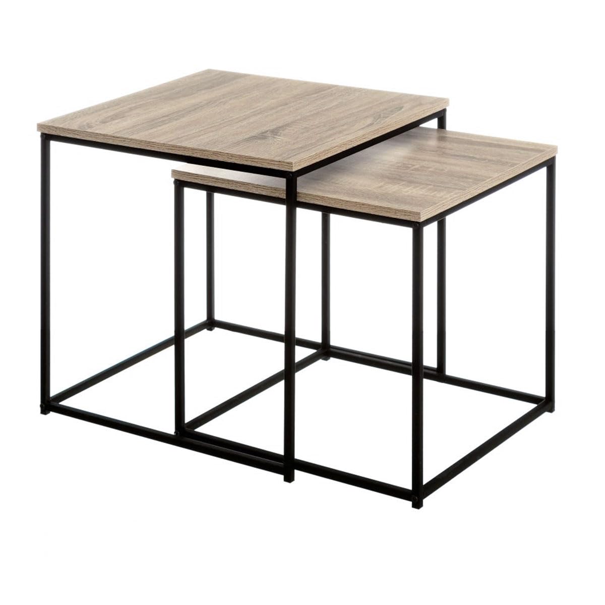 Set de 2 mesas de centro nido de madera natural y metal negro de 50x50cm | Estructura apilable de diseño moderno, auxiliar muy versátil para salón u oficina.