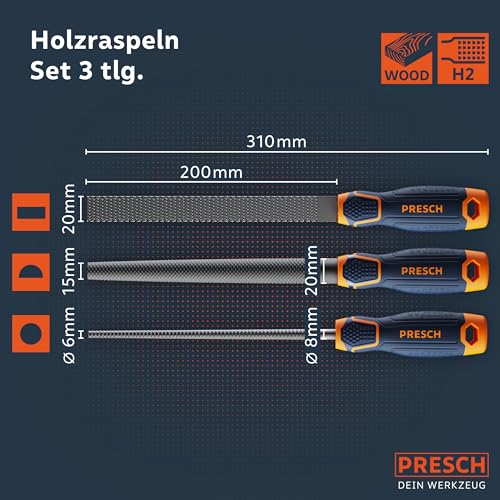 PRESCH Holzraspel Set 3tlg. - Hochwertiges Holzfeilen Set inkl. Flachstumpfraspel, Halbrund- und Rundraspel - Profi Hieb 2 Feilenset mit 200mm für Holz