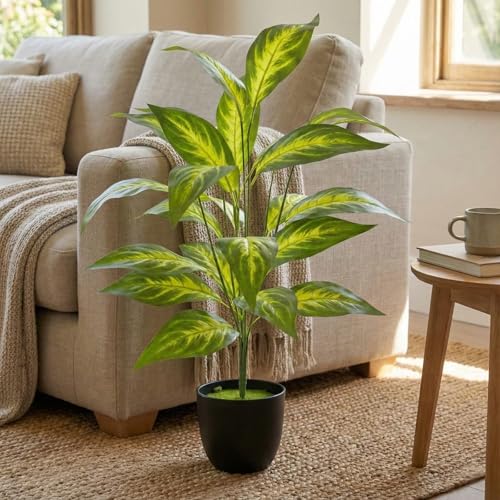 Image of Dekorly Artificial Plant Leaves Tropical Monstera Large Artificial Plants Fake Zebra Leaf Plastic Palm Tree Branch for Home Garden Decor | 26 Leaves (WithPot-Green-E, Height : 76CM)