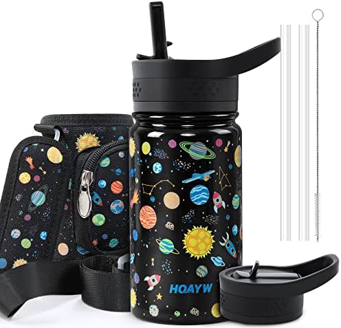 HQAYW Boys Water Bottle, 14oz Kids Water Bottle for School Stainless Steel, No Leak Vacuum Insulated Water Bottles Double Wall Keep Cold 24 Hours, Kids Travel Cup with With Strap Sleeve, Space