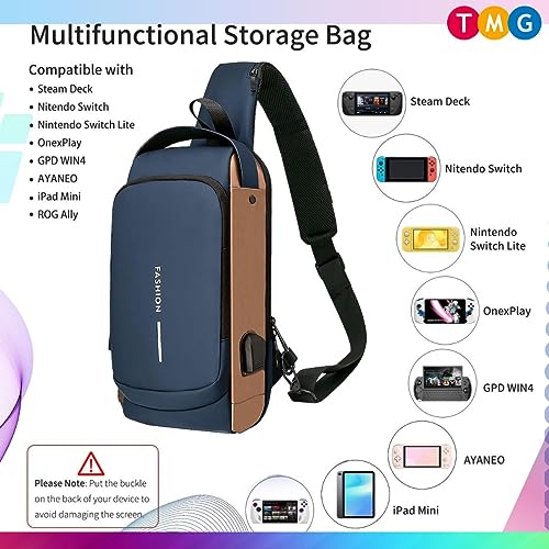 Image of TMG Crossbody Sling Bag for Steam Deck|Nintendo Switch OLED Console|iPad,Waterproof Chest Daypack with USB Charging, Shoulder Backpack for Men|Women (Blue)