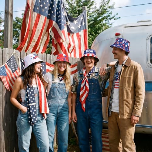 Image of Zhanmai 4 Pcs 4th of July USA Bucket Hat American Flag Patriotic Hats for Women Men 2026 Soccer Tournament Party Hat