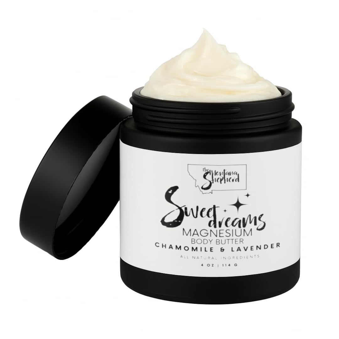 Magnesium Body Butter with Lavender & Chamomile, Deeply Moisturizing, Relaxing Body Cream with Shea Butter, Aloe Vera, Argan & Jojoba Oils, 4 oz