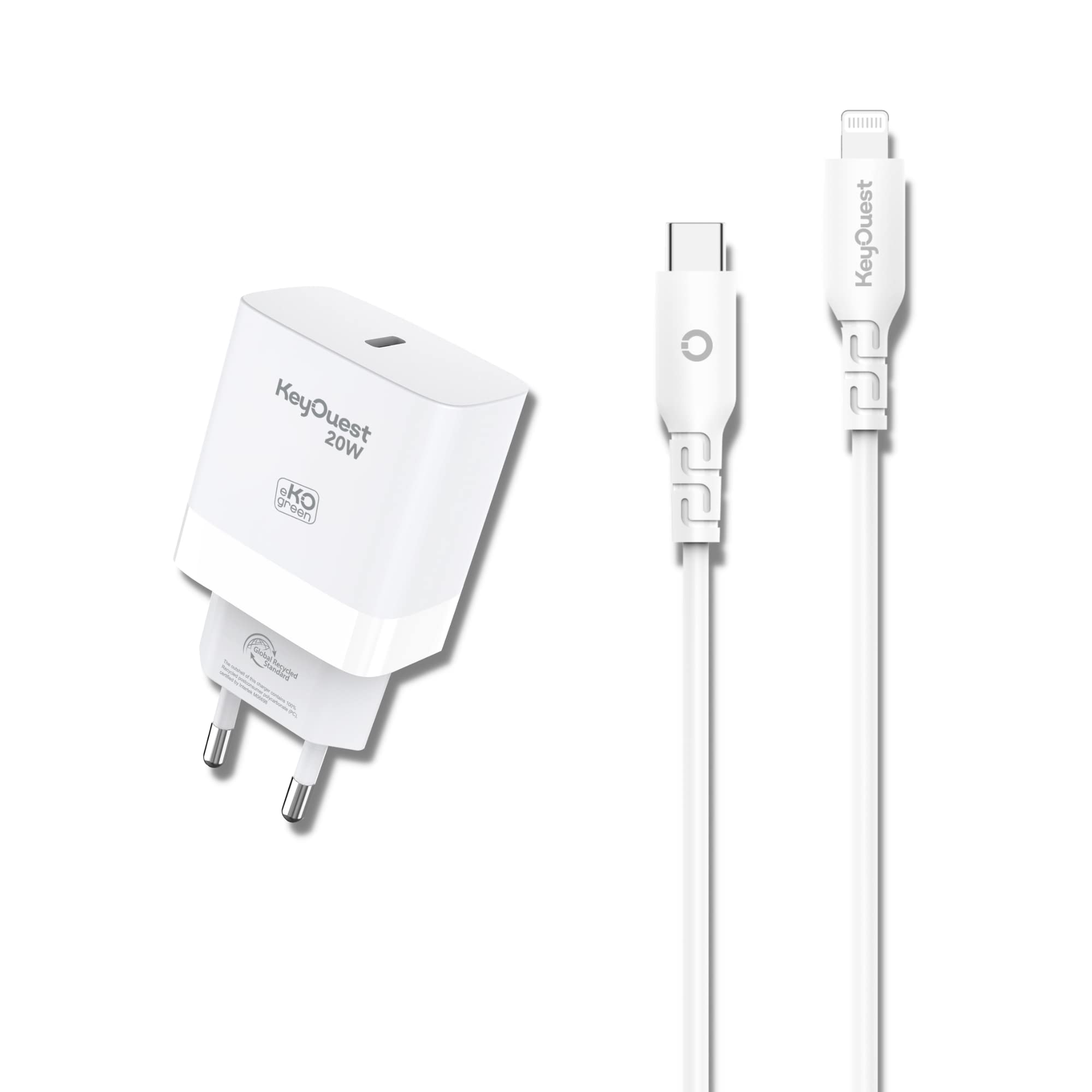 KeyOuest - Kit Chargeur Secteur 20W + Câble USB-C vers Lightning eKOgreen - Câble MFI d’1,20m - Recharge de 0 à 50% en 30 Minutes - 100% Plastique Recyclé Post-Consommation, Certifié - Blanc