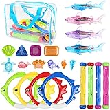 OWUDE 28 Stücke Poolspielzeug für Kinder von 8-10 Jahre, Getauchte Rings & Stangen, Vergnügen des gesunkenen Hais unter Wasser, Spielen von geglühten Schätze und Juwelen, mit Aufbewahrungstasche