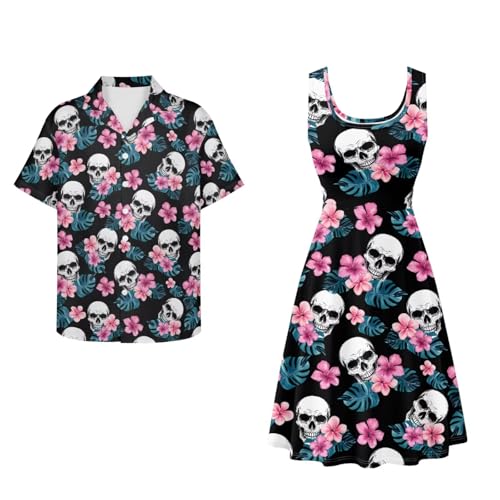 Image of Dreaweet Summer Dresses for Women A-Line Sleeveless Flowy Sun Dresses,Men's Casual Button-Down Shirts,Couple Matching Outfits