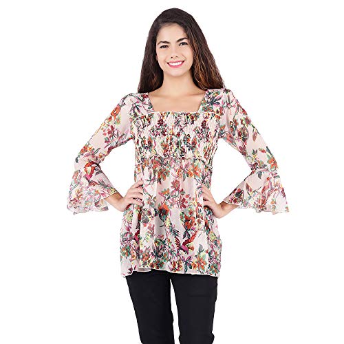Image of POPWINGS Printed Chiffon Peplum Tops for Women || 3 /4th Sleeves Square Neck Women Tops for Summer || Stylish Western Smocking Women Tops