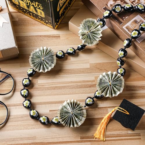 Chunyin Kukui Nut Leis Graduation Beads Lei Necklaces Black Hawaiian Necklace with Flower Pattern Leis Graduation 2026 Money Leis for Men and Women