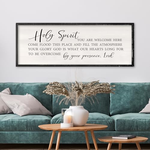 Holy Spirit You are Welcome Here Wall Decor Art 32x12 Inch Large Christian Song Bible Verse Plaque Wood Framed Sign Living Room Scripture Quote Religious For Office Wall Hanging (Black)