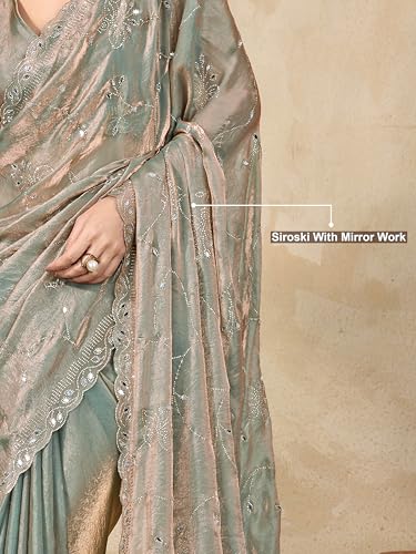 Image of TRENDMALLS Women's Satin Siroski With Mirror Work Saree with Unstitch Blouse Piece (K1158-SteelGreen)
