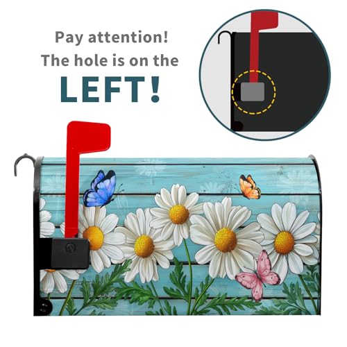 Image of Rustic Spring Summer Daisy Mailbox Covers Magnetic Large Size Spring Teal Old Wood Board Magnetic Mailbox Covers Daisy Floral Mailbox Wrap Post Letter Box Cover for Garden Yard Decor 25x21 Inch