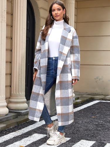 Women's Plaid Wool Coat Shacket Jacket Casual Long Sleeve Laple Button Down Flannel Trench Coats4