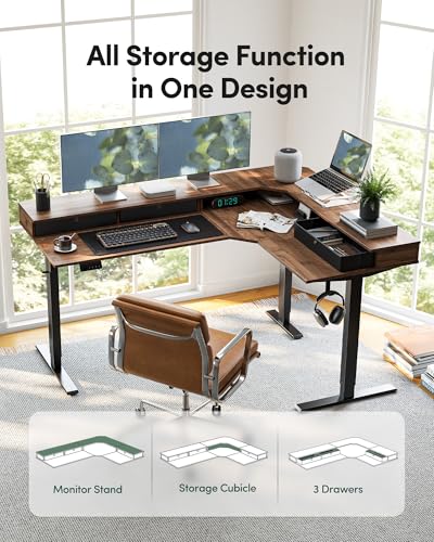 Image of FEZIBO L-Shaped Electric Standing Desk, 63 x 48 Inches Height Adjustable, Reversible Tabletop, Corner Desk with Drawers, Ergonomic Computer Table, Black Walnut Top