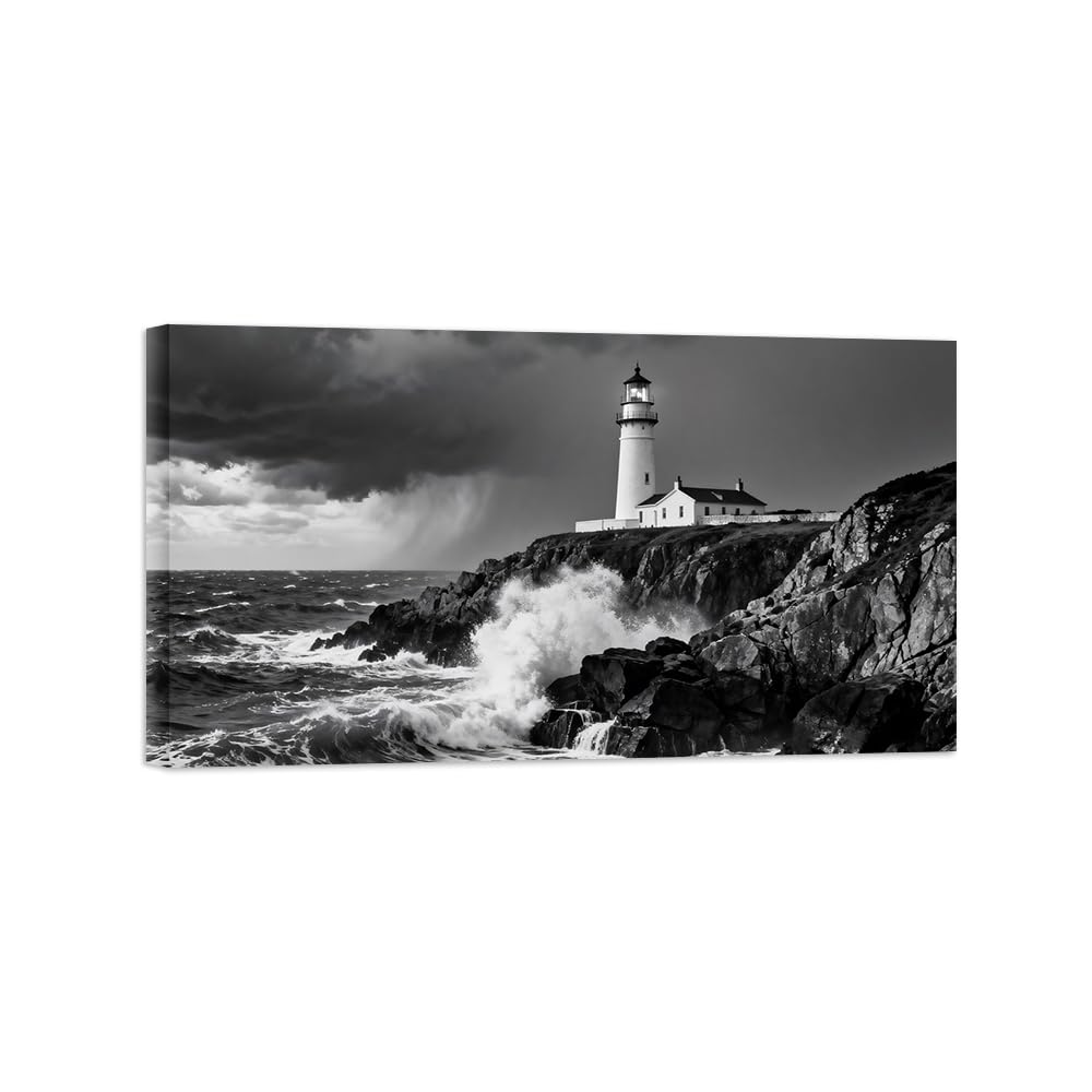 Black White Landscape Wall Art. Sea Buildings. Picture 40x70cm Unframed