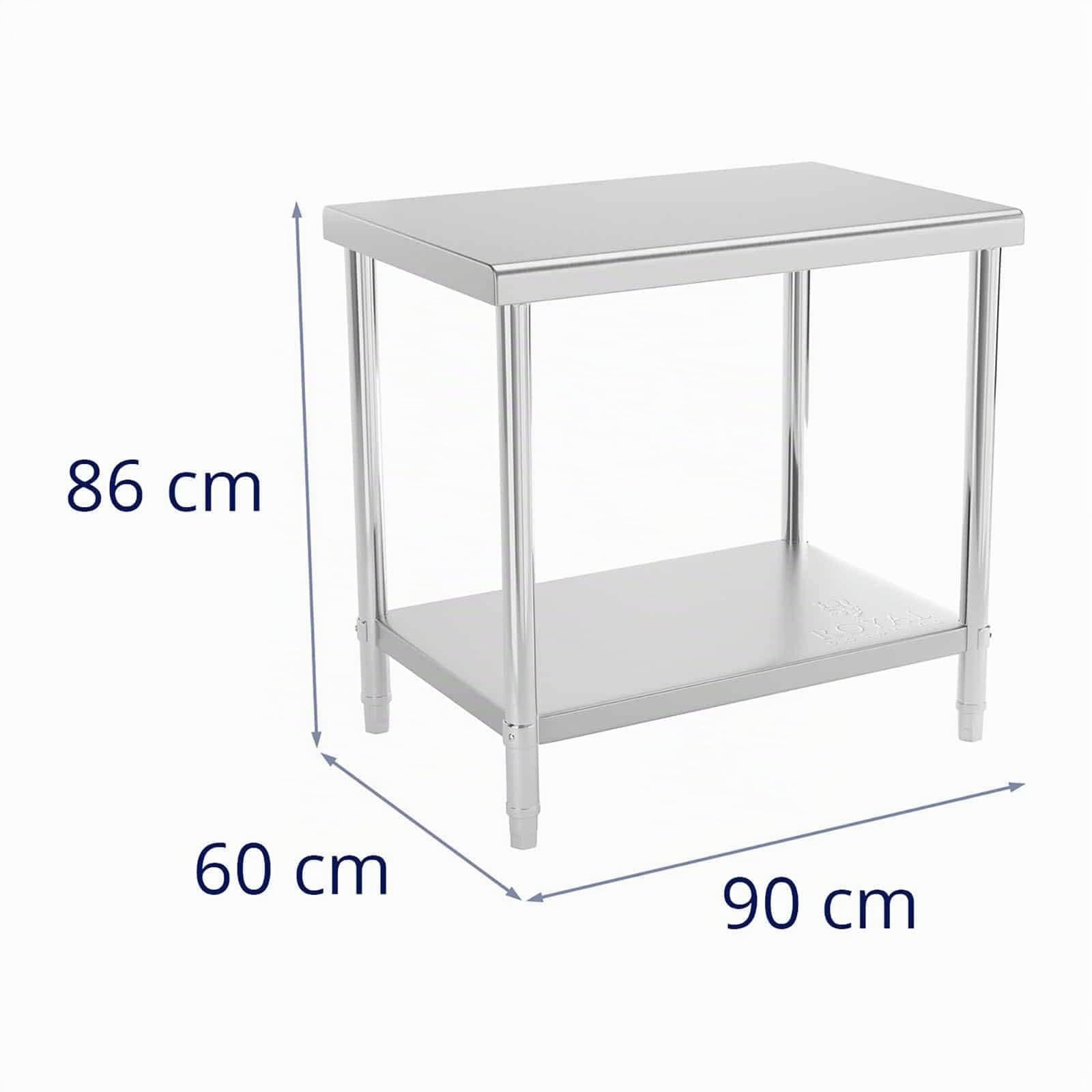 Royal Catering Mesa De Acero Inoxidable Para Hostelería RCAT-90/60-NW (Superficie de trabajo de 90 x 60 cm, 2 niveles, Capacidad de carga de 250 kg)
