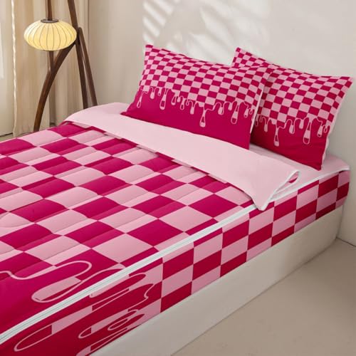 Image of Hot Pink Checkered Zipper Bedding Queen Checkerboard Drip Zip Up Bedding Set for Boys Kids,Cool Aesthetic Modern Geometric Bed in a Bag Comforter with Fitted Sheet and 2 Pillowcases Y2K Room Decor
