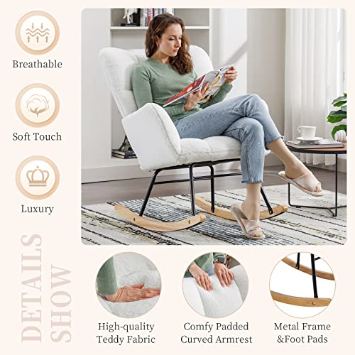Nioiikit Nursery Rocking Chair Teddy Upholstered Glider Rocker Rocking Accent Chair Padded Seat With High Backrest Armchair Comfy Side Chair For Living Room Bedroom Offices (Ivory Teddy) #TOP2