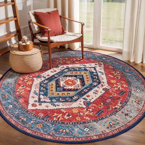 SERISSA Boho Round Area Rug, 4ft Washable Non-Slip Circle Rug, Ultra Soft Oriental Vintage Rust Low-Pile Small Circular Carpet for Bedroom Entryway Kids Room Office College Dorm Living Room