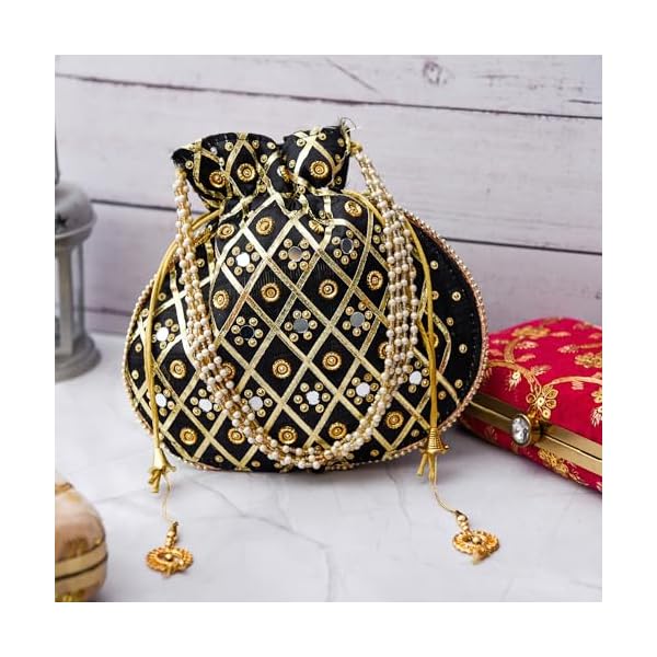 Kuber Industries Potli | Wedding Potli | Drawstring Potli with Handle | Wallet Potli | Christmas Gift Potli | Baby Shower Potli | Mirror Check-Shagun Potli | Black
