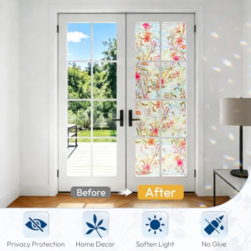 Image of rabbitgoo Stained Glass Window Privacy Film, Cosmos Floral, 17.5 inch x 118.1 inch