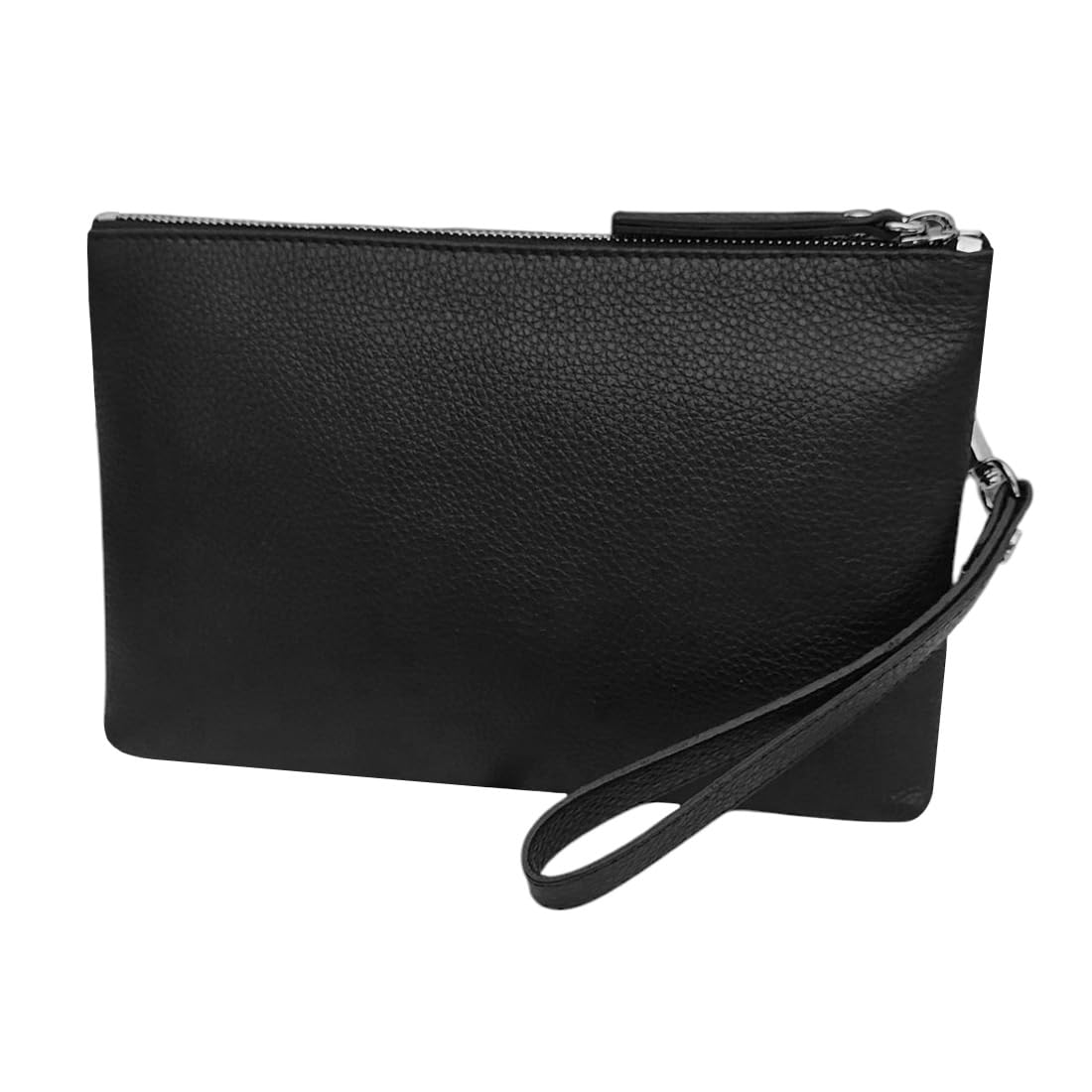 FAST WORLD SHOPPING Pochette Uomo in Vera Pelle Nera 27,5 x 17,5 x 4 cm con Manico da Polso Removibile, Marsupio Elegante da Sotto Braccio e a Mano, Chiusura Lampo in Metallo, Made in Italy