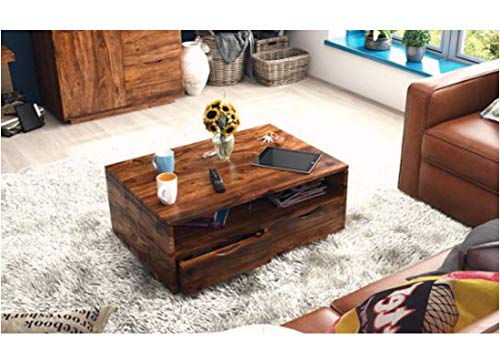 Image of DRIFTINGWOOD Wooden Rectangle Center Coffee Table for Living Room | Centre Coffee Table with 2 Drawers & Shelf Storage for Home | Sheesham Wood, Natural Brown