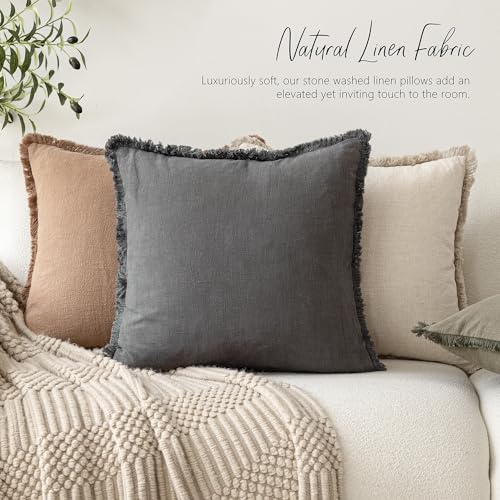 Image of Foindtower Set of 2 Decorative Linen Fringe Throw Pillow Covers Boho Farmhouse Cushion Cover with Tassels Lumbar Accent Pillowcase for Couch Bed Sofa Living Room Home Bedroom Decor,12x24 Inch,Gray