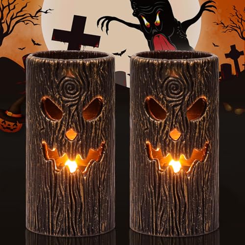Image of Halloween Flameless Candles, 2PCS Ghost Tree Carved Pillar Candles