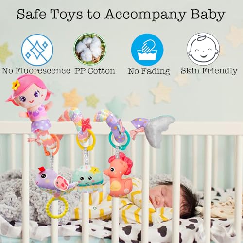 Image of Car Seat Mobile Toys, Activity Mermaid Ocean Plush Toy for Infants Baby Stroller Bar Crib Bassinet Mobile (Pink)