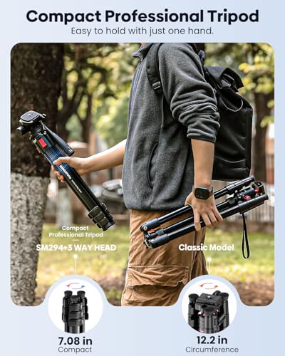 Image of CAMBOFOTO 68 Inch Video Tripod with Pan Handle for Camera Phone Camcorder | Smooth pan handle for filming sports games, shoots over crowds at 68 inches, phone clamp and quick release plate included