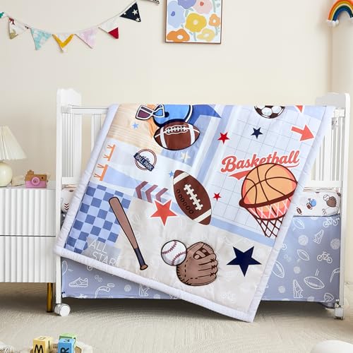 Image of 3-Piece Crib Bedding Set for Boys - Soft & Skin Friendly Baby Bedding Set Includes Crib Comforter, Sheet & Crib Skirt (Sports)