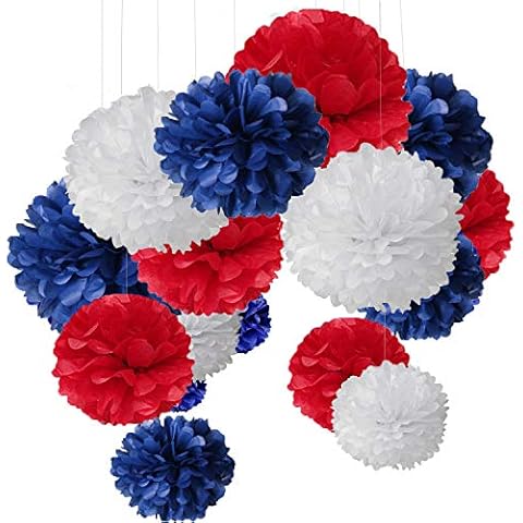 15 pcs Pom pom Decorations Tissue Pom Poms Paper Flower Ball for Wedding Festival Party for a Photo Wall Red Blue White (30.5 cm / 25 cm / 20 cm) Cover