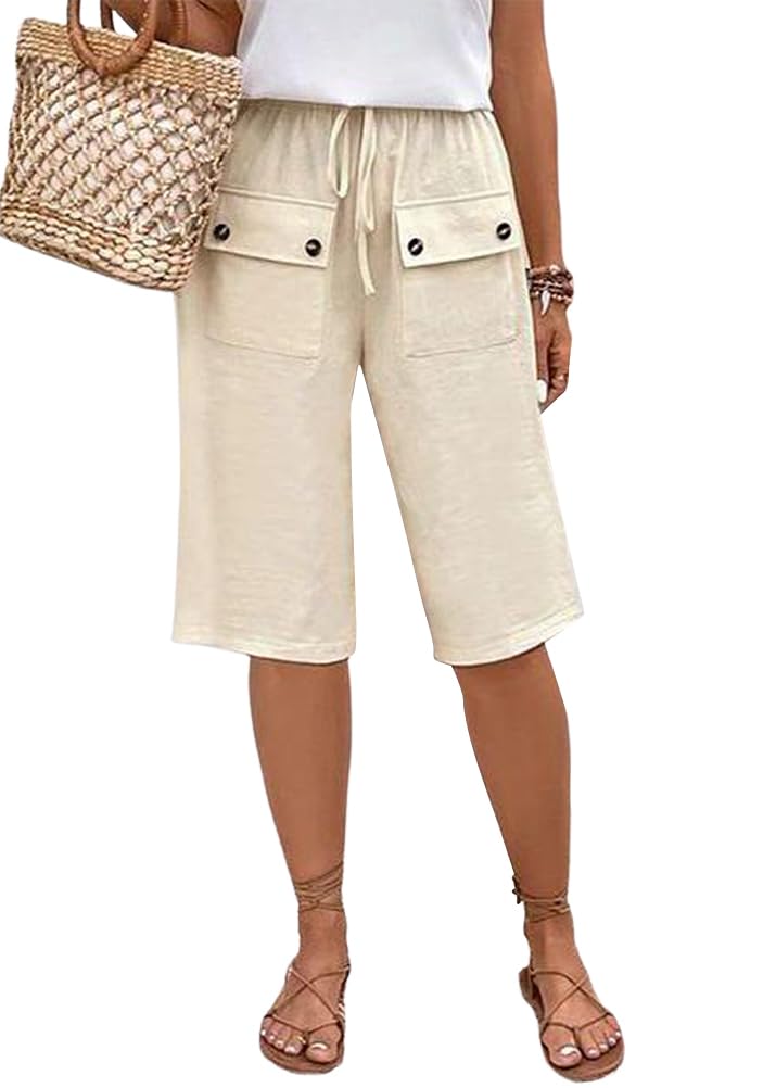 ORANDESIGNE Bermudas Lino de Mujer Verano Pantalones Cortos Largos de Algodón y Lino Casual Ligeros Pantalon Cortos con Bolsillos y Cordón Bermudas Shorts de Playa Deportes