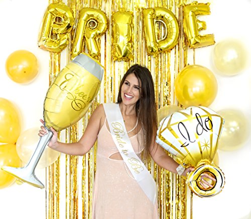 Bachelorette Party Decorations Kit (Set of 22) – Bridal Shower Party Supplies & Decor – Bride to Be Sash, White Gold Latex Balloons, Foil Balloon Letters, Ring, Champagne Balloon, Foil Fringe Curtain