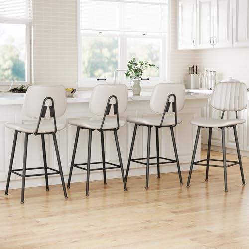 Image of Raynesys 24-Inch Leather Bar Stools Set of 4 with High Backrest, Beige