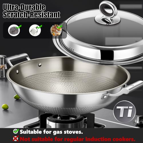 STEHEMO Titanium Hammered Wok with Double Handles, 2026 New Multifunctional Ultra-Durable Scratch-Resistant Non Stick Even Heating Titanium Wok for Cooking,With lid,15.75IN by STEHEMO - Used condition - Image 3