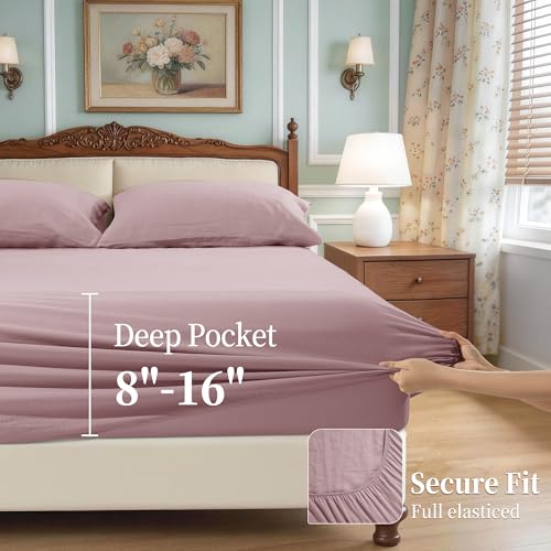 Image of 100% Pure Linen Sheet Set for Hot Sleepers, Breathable Natural Linen Sheets 4pcs, Bedding Set Deep Pocket Up to 16 inch Moisture-Wicking, Softens with Every Wash (Embroidery Purple Queen)