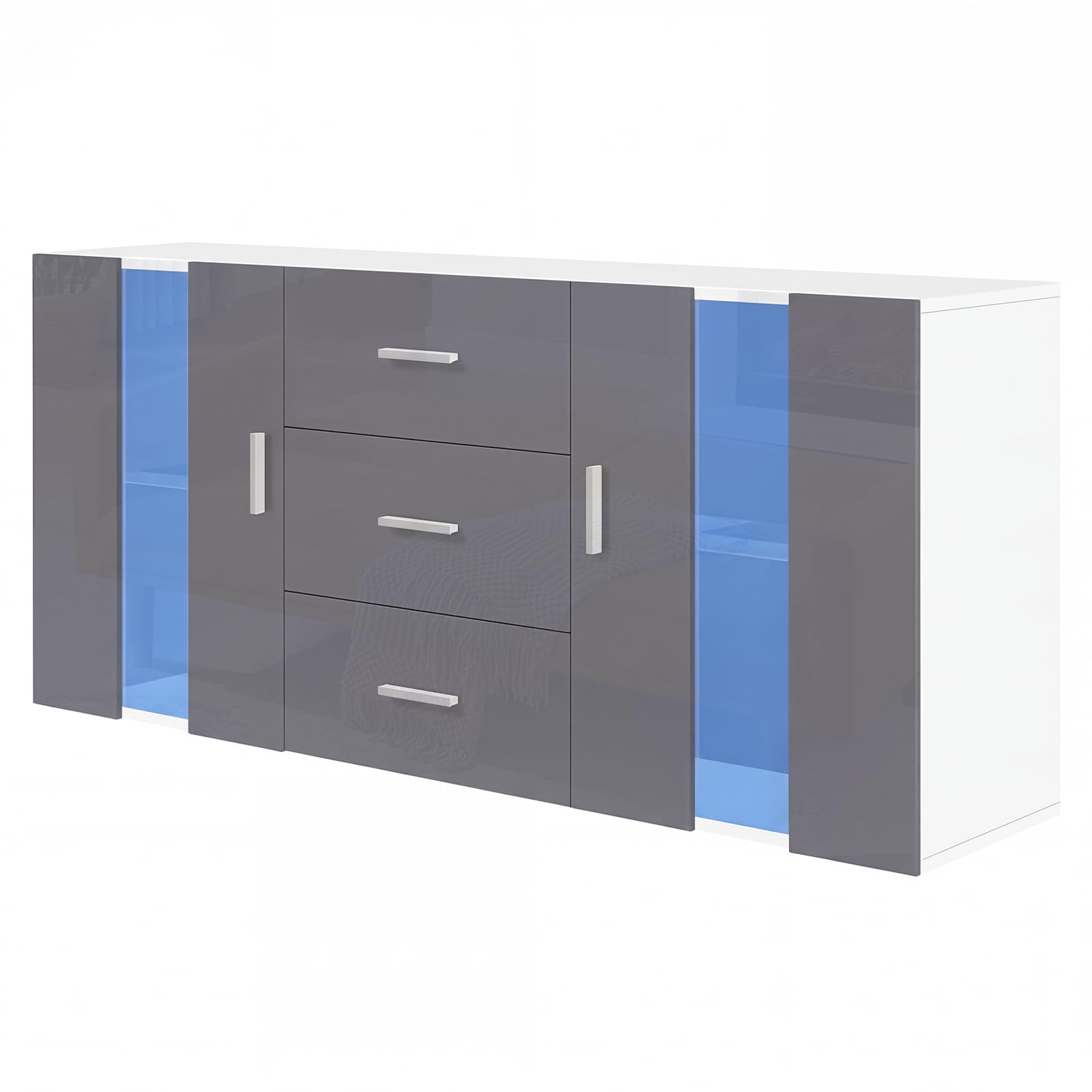 Panana Modern Sideboard High Gloss Fronts Storage Cabinet Cupboard with 3 Drawers and 2 Doors RGB LED Lights Living Room Hallway (Grey)