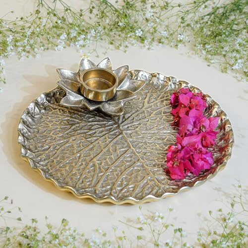BEHOMA Metal Lotus Tray with Tea-Light Holder for Home Decor | Round Pooja Thali for Temple | Golden Decorative Tika Tilak Thali for Wedding, Haldi & Mehndi Ceremony | Elegant Gift 1 pc, Dia: 25.5 cm