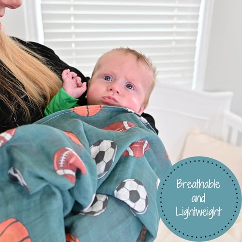 Image of LollyBanks Muslin Swaddle Blankets, 100% Cotton Baby Swaddle Blanket for Boys, Large 47 x 47 Inches Newborn Swaddles, Soft and Breathable Baby Receiving Blankets, Registry (Sports Theme Print)